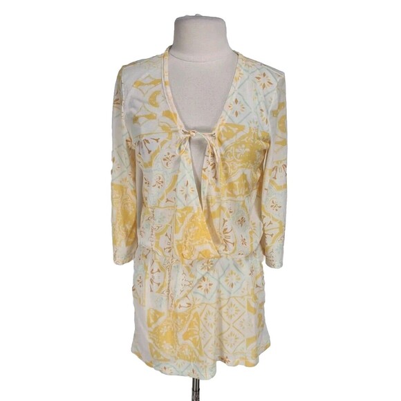 prAna Women Draw String Mini Dress Size S Yellow Floral Knit V-Neck 3/4 SL 244A - Picture 1 of 6